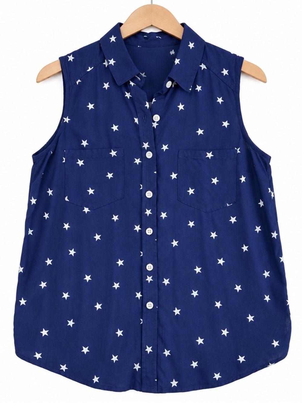 NWT SO Navy Blue White Star Print all American Sleeveless Button Down Top Small